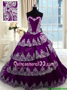 High Quality Purple Sleeveless With Train Beading and Appliques and Ruffled Layers Lace Up Sweet 16 Dresses