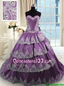 Trendy Purple Taffeta Lace Up Sweet 16 Quinceanera Dress Sleeveless With Train Beading and Appliques and Ruffled Layers