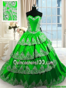 Vintage Spring Green Ball Gowns Beading and Appliques and Ruffled Layers Quinceanera Gowns Lace Up Taffeta Sleeveless With Train