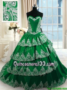 Custom Made Ruffled With Train Dark Green Quinceanera Dress Sweetheart Sleeveless Court Train Lace Up