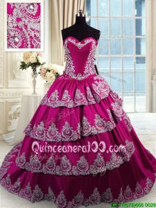 Admirable Fuchsia Sleeveless Court Train Beading and Appliques and Embroidery and Ruffled Layers With Train Quince Ball Gowns
