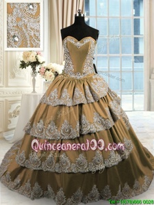 Enchanting Ruffled Court Train Ball Gowns Quince Ball Gowns Brown Sweetheart Taffeta Sleeveless With Train Lace Up