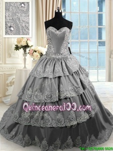 Popular Grey Taffeta Lace Up Sweetheart Sleeveless With Train Sweet 16 Dress Court Train Beading and Appliques and Ruffled Layers