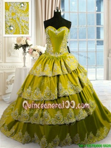 Shining Olive Green Sweetheart Neckline Beading and Appliques and Ruffled Layers 15th Birthday Dress Sleeveless Lace Up