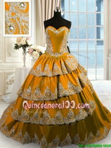 Simple Sweetheart Sleeveless Taffeta Sweet 16 Dresses Beading and Appliques and Ruffled Layers Court Train Lace Up