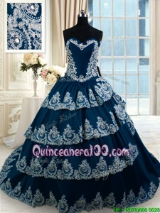 Delicate Ruffled Court Train A-line Quinceanera Dresses Navy Blue Sweetheart Taffeta Sleeveless With Train Lace Up