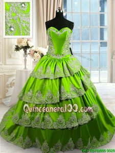 Sumptuous Green A-line Sweetheart Sleeveless Taffeta With Train Court Train Lace Up Beading and Appliques and Ruffled Layers Sweet 16 Quinceanera Dress