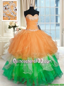 Exceptional Multi-color Ball Gowns Organza Sweetheart Sleeveless Beading and Ruffles Floor Length Lace Up Sweet 16 Dresses