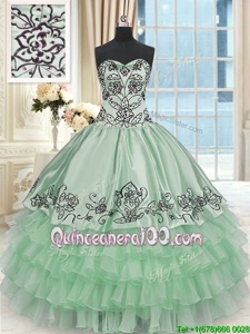 Modern Floor Length Apple Green Vestidos de Quinceanera Organza and Taffeta Sleeveless Spring and Summer and Fall Beading and Embroidery and Ruffled Layers