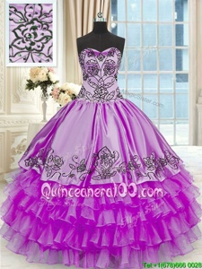 Wonderful Purple Ball Gowns Organza and Taffeta Sweetheart Sleeveless Beading and Embroidery and Ruffled Layers Floor Length Lace Up Ball Gown Prom Dress