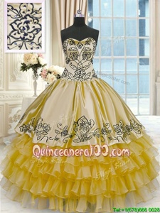 Elegant Yellow Sweetheart Lace Up Beading and Embroidery and Ruffled Layers Quinceanera Gowns Sleeveless
