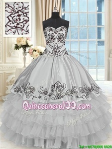 Wonderful Grey Lace Up Halter Top Beading and Embroidery and Ruffled Layers Sweet 16 Quinceanera Dress Organza and Taffeta Sleeveless
