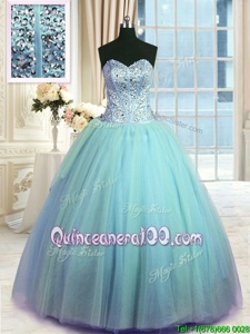 Exceptional Beading and Ruching 15 Quinceanera Dress Light Blue Lace Up Sleeveless Floor Length