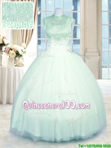 Pretty High-neck Sleeveless 15th Birthday Dress Floor Length Beading Apple Green Tulle