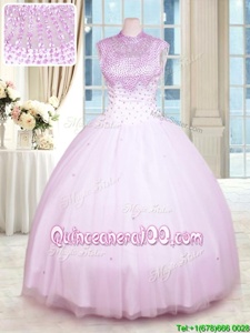 Vintage Lilac Ball Gowns Tulle High-neck Sleeveless Beading Floor Length Zipper Quinceanera Gowns