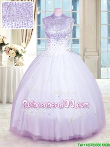 Nice Lavender 15 Quinceanera Dress Military Ball and Sweet 16 and Quinceanera and For withBeading High-neck Sleeveless Zipper