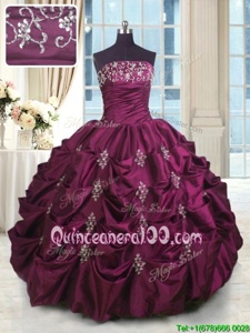 Admirable Sleeveless Taffeta Floor Length Lace Up Quinceanera Gowns inFuchsia forSpring and Summer and Fall and Winter withBeading and Appliques and Embroidery and Pick Ups
