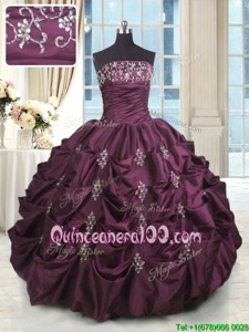 Designer Pick Ups Ball Gowns Quinceanera Gowns Purple Strapless Taffeta Sleeveless Floor Length Lace Up