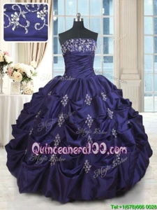 Low Price Purple Sleeveless Beading and Appliques and Embroidery and Pick Ups Floor Length Quinceanera Dress