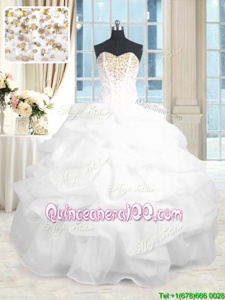 Beautiful White Sleeveless Floor Length Beading and Ruffles Lace Up Sweet 16 Dresses