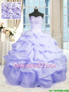 Cute Lavender Organza Lace Up Sweetheart Sleeveless Floor Length Sweet 16 Dresses Beading and Ruffles