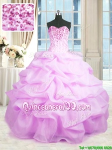 Unique Floor Length Lilac Ball Gown Prom Dress Organza Sleeveless Spring and Summer and Fall and Winter Beading and Ruffles