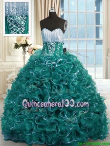 Perfect Turquoise Ball Gowns Sweetheart Sleeveless Organza With Brush Train Lace Up Beading and Ruffles 15 Quinceanera Dress