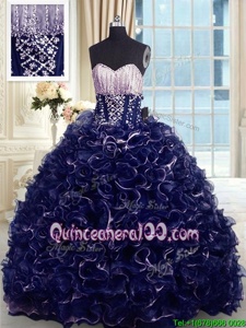 Flare Sweetheart Sleeveless Organza Quinceanera Gown Beading and Ruffles Brush Train Lace Up
