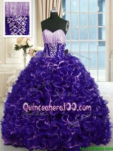 Elegant Purple Ball Gowns Beading and Ruffles Sweet 16 Dresses Lace Up Organza Sleeveless With Train