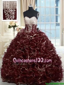Top Selling Brush Train Ball Gowns 15 Quinceanera Dress Brown Sweetheart Organza Sleeveless With Train Lace Up