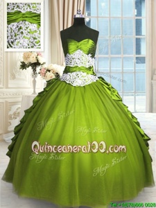 Olive Green Taffeta and Tulle Lace Up Sweetheart Sleeveless Floor Length 15 Quinceanera Dress Beading and Lace and Appliques and Ruching
