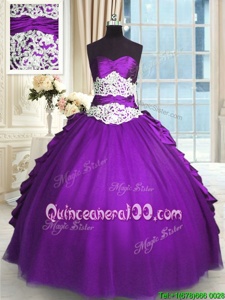 Dramatic Purple Ball Gowns Sweetheart Sleeveless Taffeta Floor Length Lace Up Beading and Lace and Ruching and Pick Ups Sweet 16 Quinceanera Dress