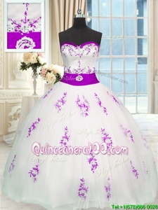 Sleeveless Floor Length Appliques and Belt Lace Up 15th Birthday Dress with White