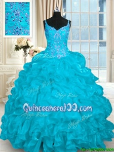 Gorgeous Aqua Blue 15 Quinceanera Dress Organza Brush Train Sleeveless Spring and Summer and Fall and Winter Beading and Embroidery and Ruffles