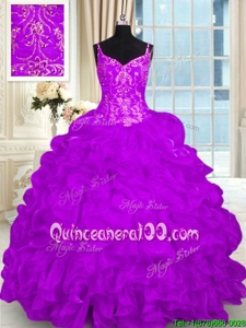 Flirting Purple Spaghetti Straps Lace Up Beading and Embroidery and Ruffles Quinceanera Gowns Brush Train Sleeveless