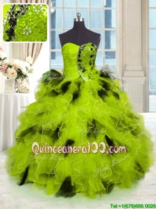 Comfortable Tulle Strapless Sleeveless Lace Up Beading and Ruffles Quinceanera Gown inYellow Green