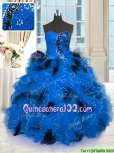 Fashion Blue Tulle Lace Up Strapless Sleeveless Floor Length Quince Ball Gowns Beading and Ruffles