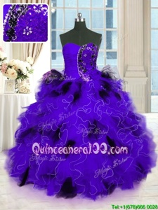 Flirting Black And Purple Lace Up Strapless Beading and Ruffles Sweet 16 Quinceanera Dress Tulle Sleeveless