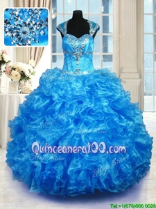 Great Baby Blue Organza Lace Up Quinceanera Dress Cap Sleeves Floor Length Beading and Ruffles