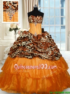 Exceptional Printed Orange Lace Up Quinceanera Dress Beading and Ruffled Layers Sleeveless Sweep Train