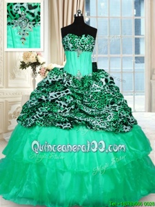 Noble Printed Ruffled Ball Gowns Sleeveless Turquoise Sweet 16 Dress Sweep Train Lace Up
