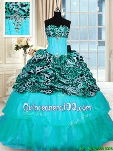 Gorgeous Printed Aqua Blue Lace Up Sweet 16 Quinceanera Dress Beading and Ruffled Layers Sleeveless Sweep Train