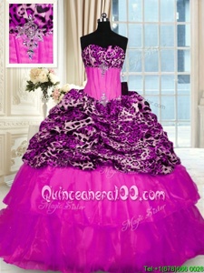 Most Popular Printed Fuchsia Strapless Neckline Beading and Ruffled Layers and Sequins Quince Ball Gowns Sleeveless Lace Up