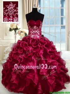 Ideal Sweetheart Sleeveless Lace Up Vestidos de Quinceanera Wine Red Organza