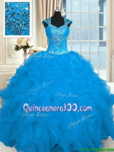 Amazing Floor Length Aqua Blue Quinceanera Dresses Straps Cap Sleeves Lace Up