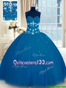 Classical Navy Blue Sweetheart Neckline Appliques Quince Ball Gowns Sleeveless Lace Up