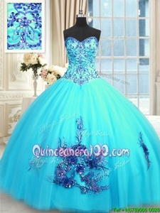 Graceful Tulle Sweetheart Sleeveless Lace Up Beading and Appliques and Embroidery Ball Gown Prom Dress inBaby Blue