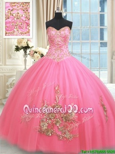 Colorful Sleeveless Floor Length Beading and Appliques and Embroidery Lace Up Quinceanera Gown with Rose Pink