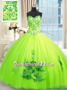 Stylish Yellow Green Ball Gowns Beading and Appliques and Embroidery Ball Gown Prom Dress Lace Up Tulle Sleeveless Floor Length