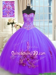 Captivating Purple Sleeveless Floor Length Beading and Appliques and Embroidery Lace Up 15 Quinceanera Dress